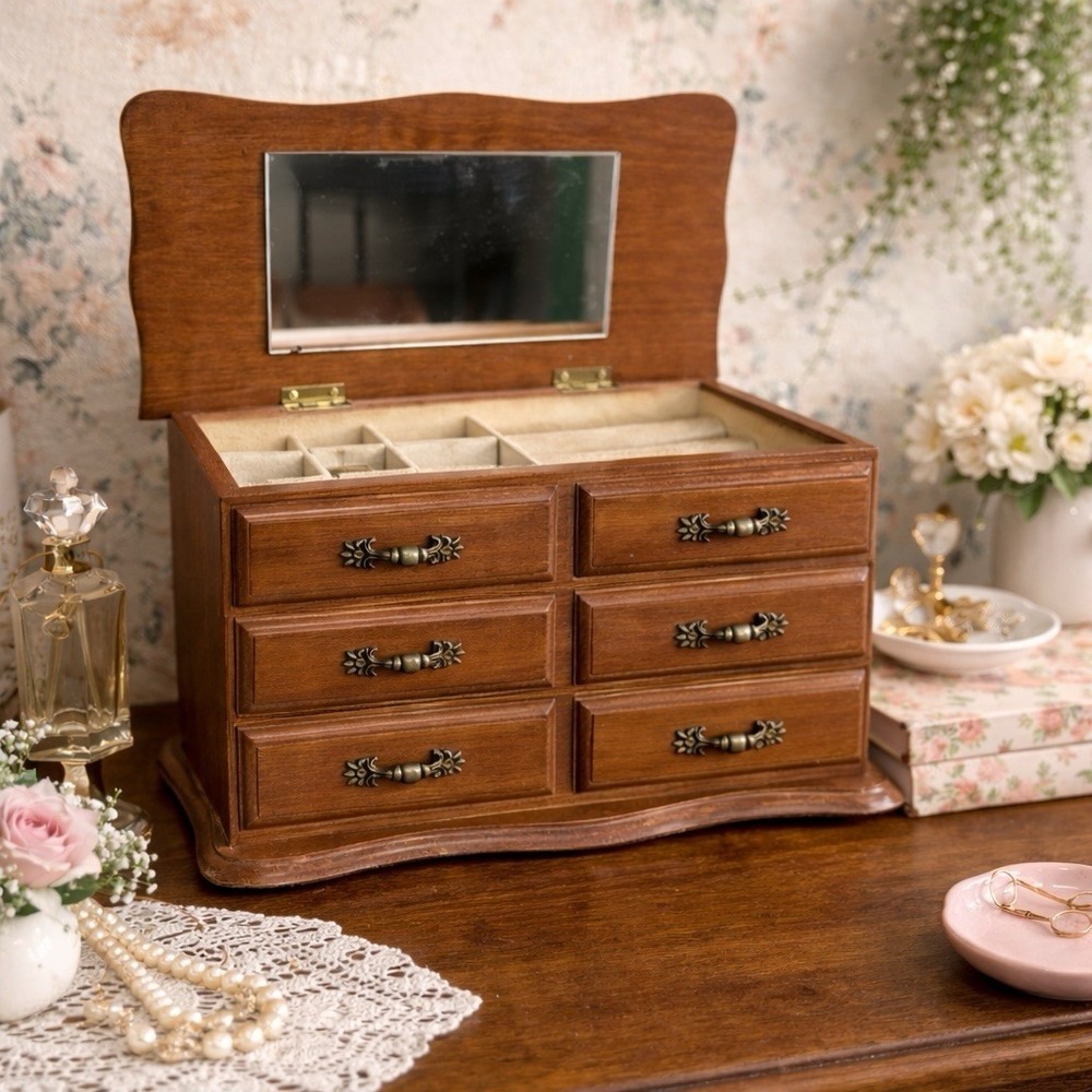Vintage Wooden Lined Jewelry Box / Chest  Drawers Cottagecore Mid Century Style